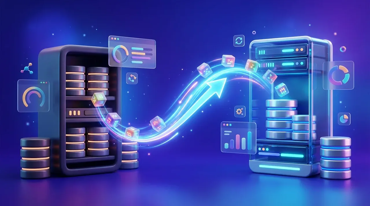 3D illustration for Data migration and clean-up: Moves your data to a new system safely — de-duplicated, mapped and reversible.