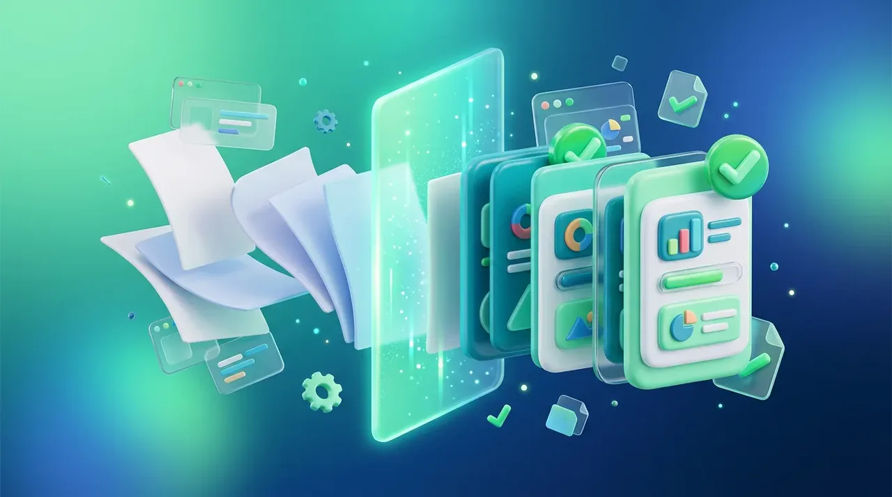 3D illustration for Document and invoice processing: Reads PDFs, emails and invoices, files the data where it belongs, and asks a person only when it is unsure.