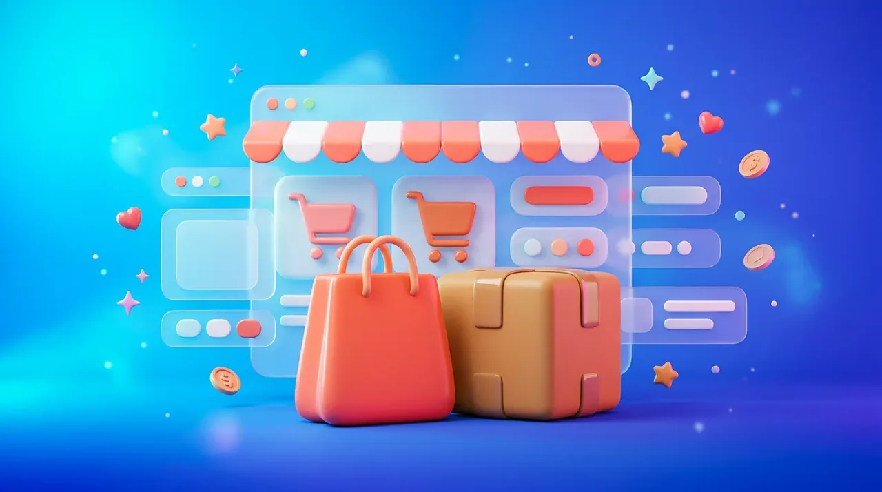 3D illustration for E-commerce stores: Online shops that load fast, sell on mobile and connect to your stock, shipping and accounts.